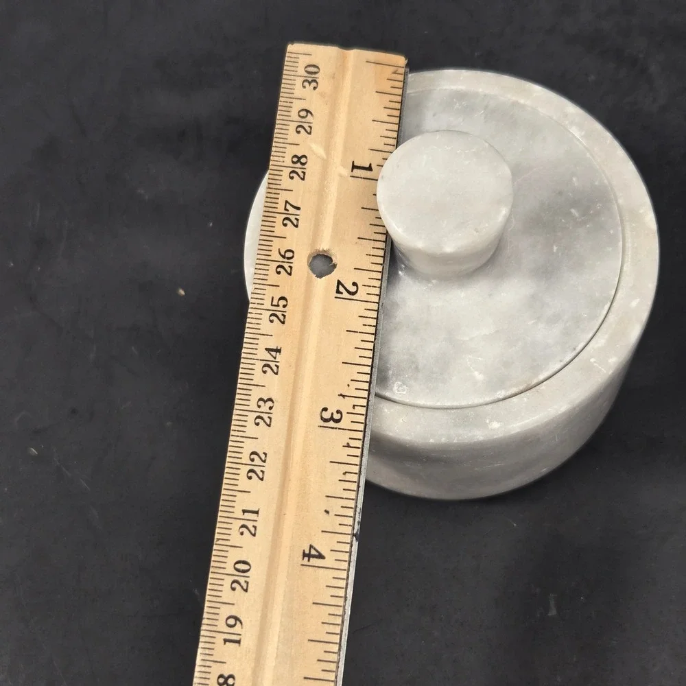 Vintage Natural White Marble Lidded Canister Gray Veined Stone Jar Trinket Box